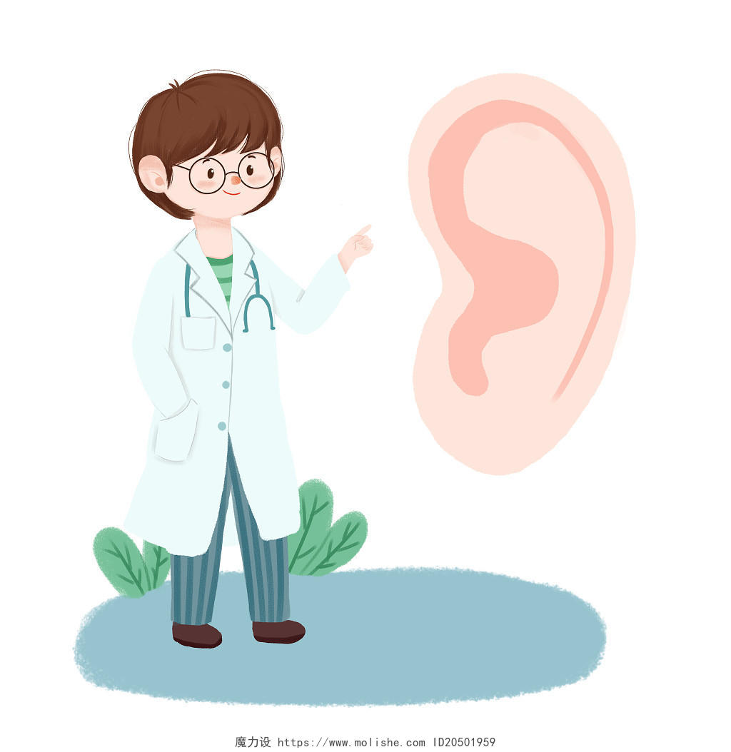 爱耳日医生介绍耳朵的情况年轻女医生卡通人物全国爱耳日元素